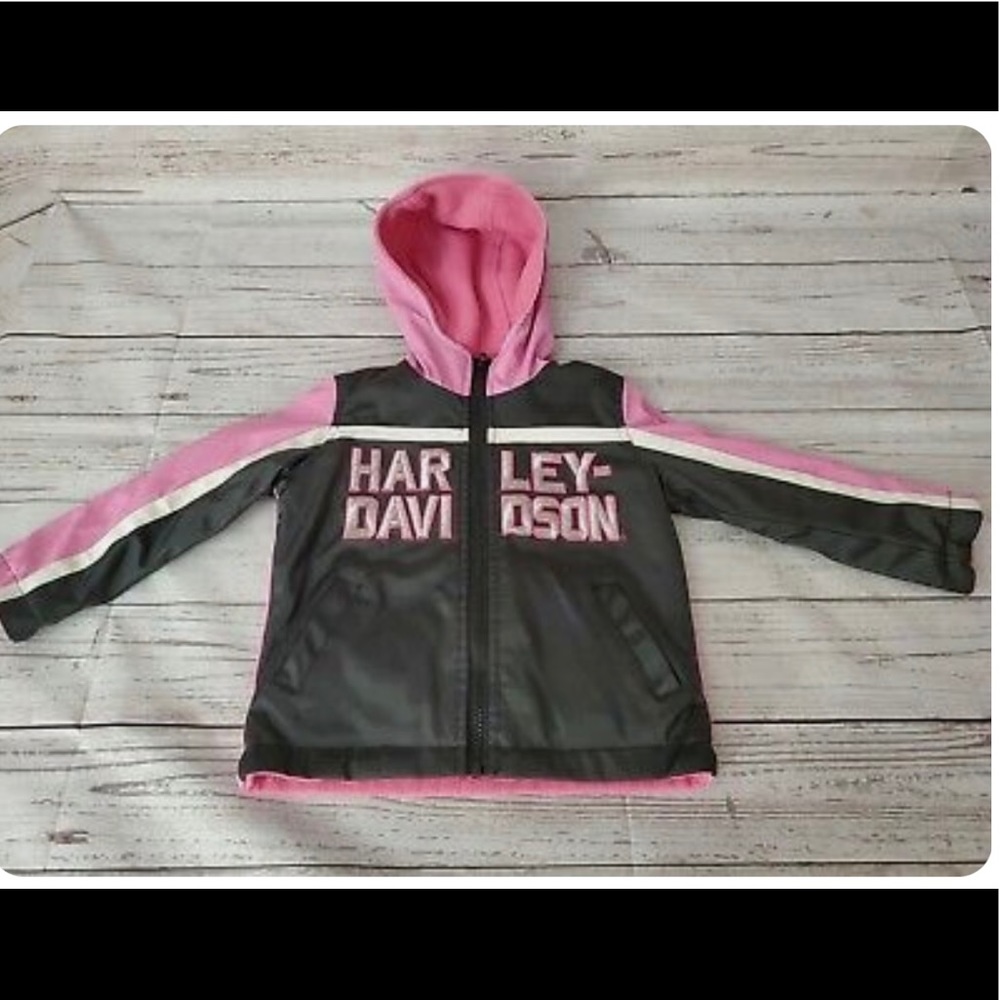 Pink/black/white girls Harley Davidson reversible jacket with hood. Size 10/12.